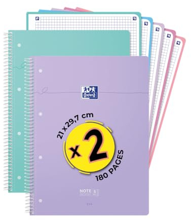 OXFORD Lot de 2 Cahiers Spirales 5 en 1 Smart A4+ Quadrillée 5x5 180 Pages Couverture Carte Souple Coloris Assortis Pastel