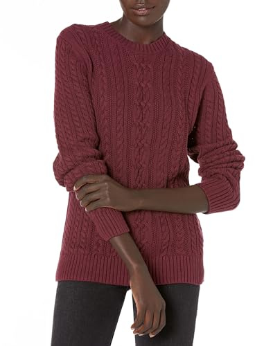 Amazon Essentials Pull Doux à Col Rond et Manches Longues Type Pêcheur, Maille Torsadée (Disponible en Grandes Tailles) Femme, Bordeaux Foncé, XXL