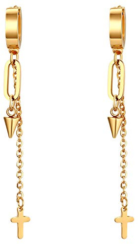 JewelryWe - Pendientes colgantes para hombre y mujer, chapados en oro, estilo hip hop, estilo punk, cadena de borla, cruz colgante, pendientes de aro