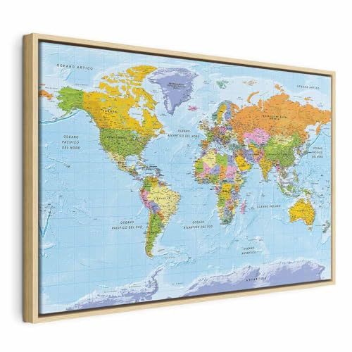 murando - Quadro Mappamondo Italiano Blu 120x80 cm 1 Pezzo Stampa su Tela Strutturata - Quadri Moderni per Soggiorno Grandi - Grafica - Planisfero da Parete Moderno Decori - Terra Mondo k-A-0460-b-a