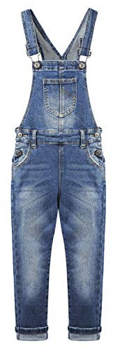 KIDSCOOL SPACE flickor denim overaller, stretchiga jeans hängselbyxor byxor, Djupblå-2262, 10-11 år