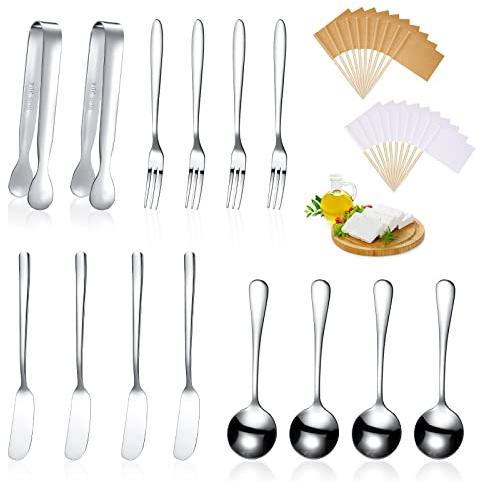 Patelai Charcuterie Boards Accessories Charcuterie Utensils Set Cheese Butter Spreader Knives Stainless Steel Mini Serving Tongs Spoons Forks and Toothpick Flags for Appetizers Pastry(Silver)