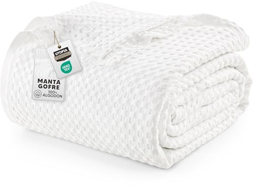 Utopia Bedding Couverture gaufrée en Coton 300 GSM (Blanc - 228 x 228 cm), Couette Douce, légère et Respirante pour Toutes Les Saisons