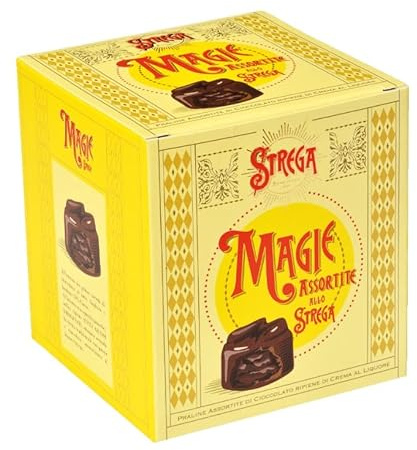 Strega Magie Assortite Scatola con Praline di Cioccolato al Latte, Fondente e Fondente 70% Ripiene di Crema al Liquore Strega 200g