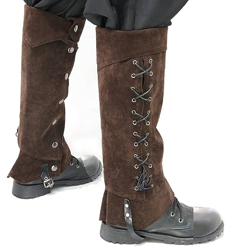 Medieval Fancy Dress Costume Boots Covers Faux Leather Vintage Knight Leg Guard Gaiter Halloween Pirate Punk Costume Accessory Leg Warmer Wrap Adjustable Shoe Cover for Cosplay Carnival Riding