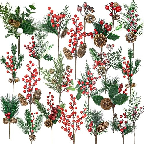 ZOXILEN 22 Pcs Large Artificial Christmas Tree Picks, Assorted 20 Kinds Red Berry Picks Stem Faux Pine Branches Flower Pick with Pinecones Apples Holly Leaves for Winter Holiday Season Home Decor