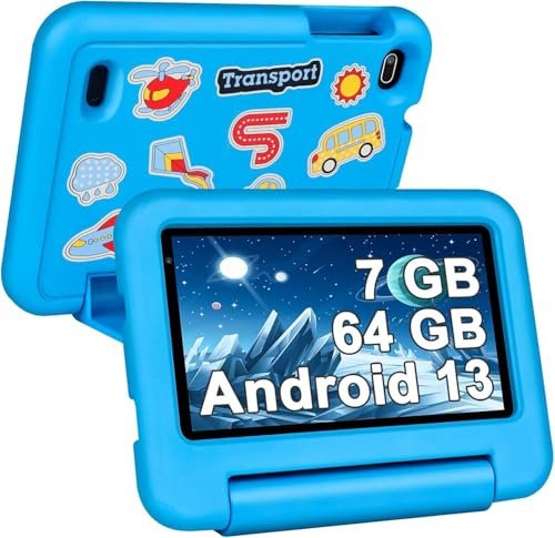 SEBBE Tablette Enfants 7 Pouces, Quad Core 7Go RAM + 64Go ROM(TF 1 to), Tablette Éducative avec Certifié GMS, Contrôle Parental, WiFi, Bluetooth,Tablettes avec Étui Anti-Chute - Bleu