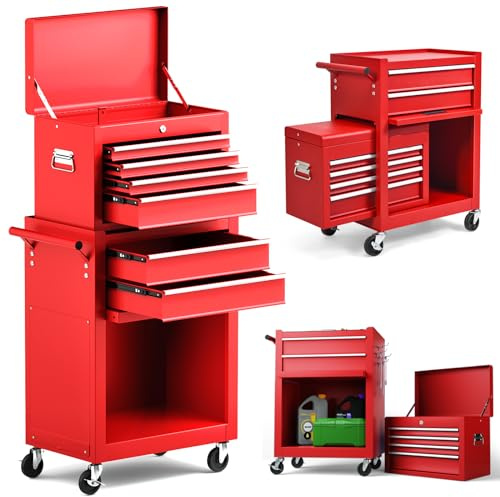 HOMFME Roller Tool Cabinet, 2 in 1 Tool Storage Chest with Removable Top Cabinet, Lockable Wheels, Handle, 2 Keys, 4 Hooks and 6 Drawers, Lockable Tool Trolley Cart for Workshop (2 in 1, Red)