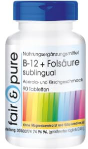 Fair & Pure® - Vitamin B12 + Folsäure Lutschtabletten - sublingual - 90 Tabletten - hochdosiert - mit 500µg Vitamin B-12, 100µg Folsäure und 12,5mg Vitamin C pro Tablette - Acerola- & Kirschgeschmack