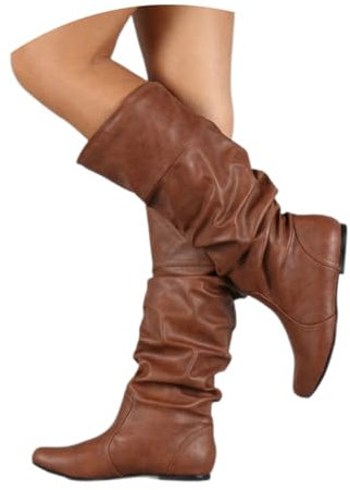 MEECHI Stivali Alti Boots da Donna con Gambale Lungo in Pelle PU Stivaletti Slip-on Vintage Scarponi da Neve Autunno Inverno Stivali da Cavaliere for Il Tempo Libero Scarpe da Esterno(Brown,39 EU)