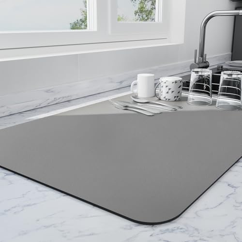 Ecotrim - Dish Drying Mat for Kitchen Counter | Coffee Bar Mat for Countertops | Heat Resistant Drainer Mat with Non-slip Rubber Backed | Hide Stain Kitchen Absorbent Draining Mat | Dark Grey 16x18