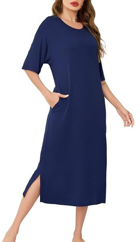 Wikoan Chemise de Nuit Femme Manches Courtes Chemise de Nuit Longue Doux Robe de Nuit Ete Chemises Nuit Femme Grande Taille avec Poches Bleu Marine XL