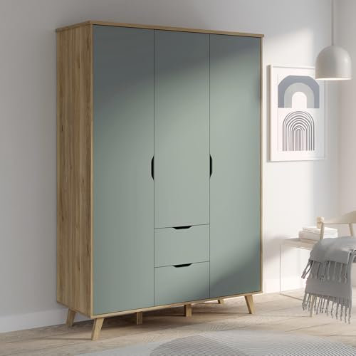 Forte VANKKA Kleiderschrank 140, Schrank mit 3 Türen und 2 Schubladen, Holzwerkstoff, Planked Eiche Dekor/Salbei, 139,4 cm breit, 201,5 cm hoch, 52,7 cm tief