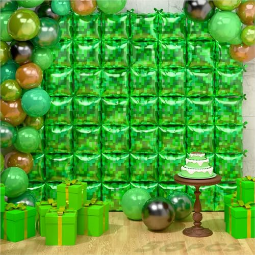Green Pixel Miner Themed Party Square Balloon Wall, 56PCS Foil Metallic Double Sided Cube Balloons Backdrop Tunnel Arch Kit for Baby Shower Game Theme Birthday Anniversary Summer Party Decoration