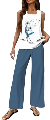 2025 Nuovo Tuta Estiva Donna Elegante Curvy Completo Due Pezzi Set Canotta e Pantaloni Completa Gamba Larga Taglie Forti Tute Complete Casual Comoda Tinta Unita Completi Estivi Eleganti Estive Moda