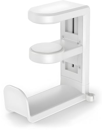 Jicyor Soporte para auriculares, soporte para auriculares, color blanco, soporte para auriculares giratorio de 360 grados, abrazadera de cable integrada sujeta debajo del escritorio, fácil instalación