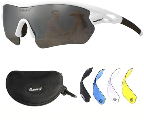 OUTDOORSPARTA Polariserade sportsolglasögon med 5 utbytbara linser för män och kvinnor TR90 obebrytbar ram (12. Vit ram, full lins speglat silver)