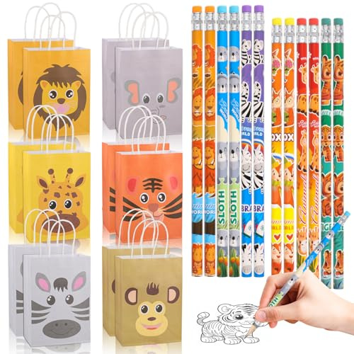 Ezydka Lot de 24 sacs cadeaux décoratifs animaux, sacs cadeaux crayons kit