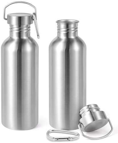 Volhoply 32oz Uninsulated Single Walled Water Bottles 2 Pack, Stainless Steel Sports Water Bottle with Handle, BPA Free Lightweight Water Bottles for Hiking, Biking, Running(Silver,2)