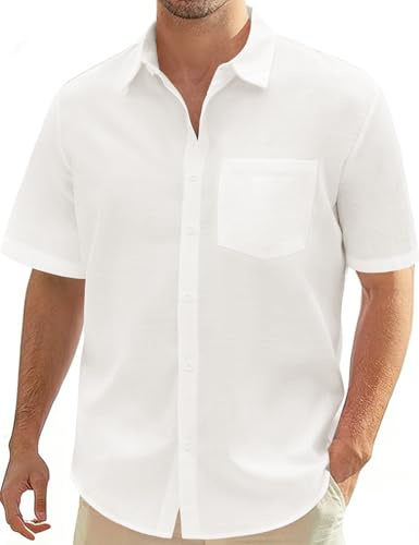 Lonya Men's Linen Cotton Shirts Summer Short Sleeve Regular Fit Shirt Casual Smart Button Down Tops Work Holiday Beach Shirt with Pocket, White, S