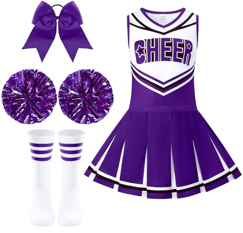 Joyvimbao Purle Cheerleader Costume for Girls Cheerleading Outfit Set with Accessories Fancy Dress for Halloween Party Birthday(Purple, 11-12Y)