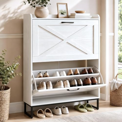 Hawthyhome Slim Shoe Cabinet, White, 80x24x100cm
