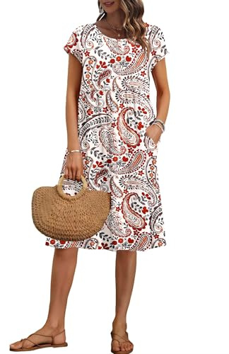 AUSELILY Women's Summer Short Sleeve Knee-Length Dresses with Pockets | Round Neck, Cap Sleeves, Oversize Shift A-line Loose-fit Dress