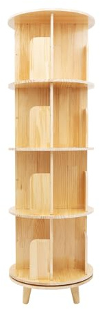 aefxNika Estantería giratoria de 4 niveles de madera de pino, estantería giratoria de 360° con protección contra caídas, torre de libros independiente de 46 cm de diámetro, para habitación infantil