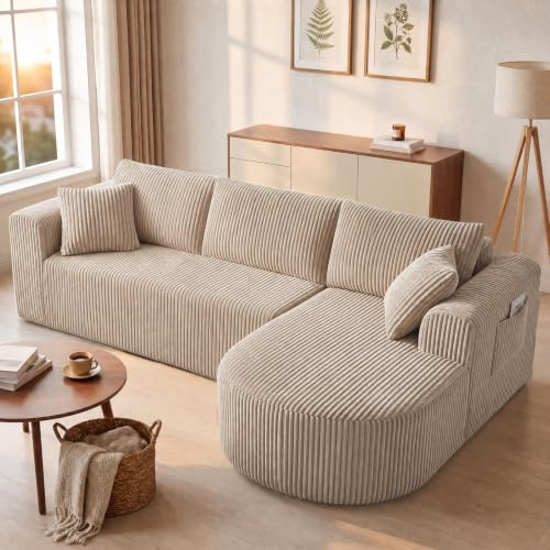 COMHOMA Hörnsoffa med sovfunktion, 263 cm, corduroy, modulär boneless soffa med schäslong, L-formad bäddsoffa, sektionssofa med kudde och sidofickor, soffa för vardagsrum, ingen montering, beige