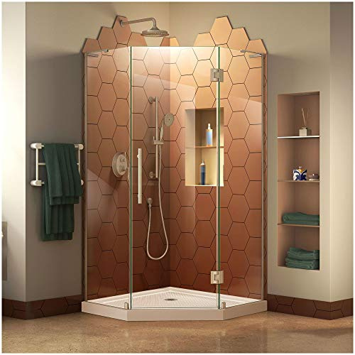 DreamLine Prism Plus 42 in. x 74 3/4 in. Frameless Neo-Angle Shower Enclosure in Brushed Nickel with Biscuit Base, DL-6063-22-04