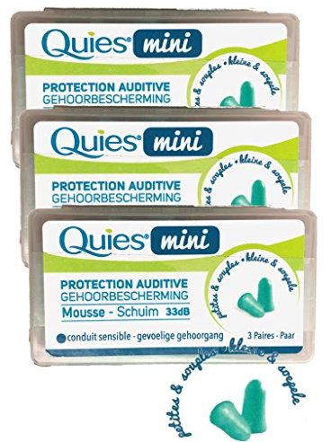Quies Ear Protectors, Mini Foam 3 Pairs for Sensitive Ducting, 3 Boxes of 3 Pairs, Green, Unisex, Children, 33 dB Noise Attenuation, Ear Plugs