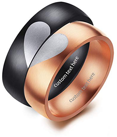 JewelryWe Anillo de acero inoxidable con grabado, puzle de corazón, anillos de amistad, alianzas de boda, anillos de compromiso para hombre y mujer, negro oro rosa, Acero inoxidable