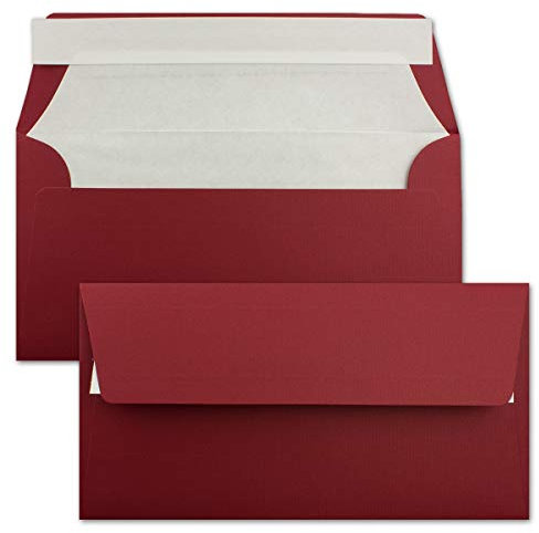 50x Briefumschläge DIN Lang 11 x 22 cm gerippt in Dunkelrot gefüttert mit weiß em Seiden-Papier 110 g/m² Haftklebung
