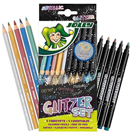 JOLLY Farbstifte Glitzerset – Set mit 10 Metallic- & Glitzer-Farbstiften, Inkl. 5 Metallic-Fasermaler & 5 Buntstifte, Hochpigmentiert, Ideal für Dunkles Papier, Verstärkter Holzmantel