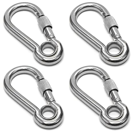 PRIOstahl Karabiner Karabinerhaken mit Sicherheitsmutter und Kausche - 10 x 100mm x 4 Stück mit Schraubsicherung Verbindungsglied Schraubkarabiner Befestigung Hängesessel Boxsack Edelstahl V4A