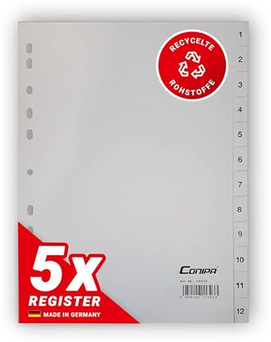 Conipa® - 5er Set 1-12 Register für Ordner DIN A4 (MADE IN GERMANY) - Ordner-Registerblätter & Trennblätter mit Zahlen (nummeriert) Kunststoff (PP) - Trennregister Akten, Ringbücher & Hefter (Grau)
