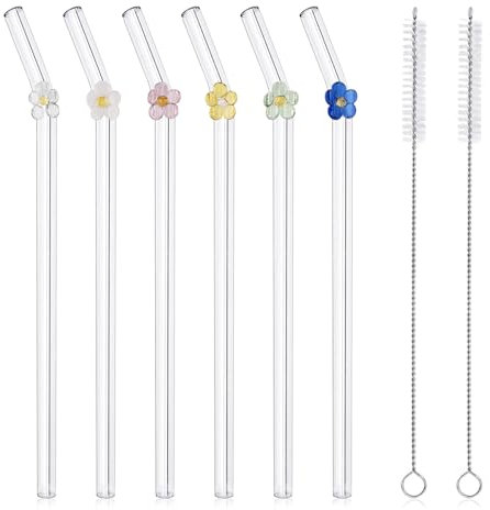 DUMING-IN 6 Pcs Reusable Glass Straws, Cute Colorful Flower Bent Glass Straw Set, Reusable Straws Drinking for Smoothies, Cocktail, Milkshakes, Juices, Teas