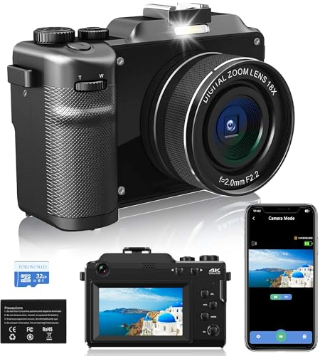 4K Digitalkamera mit Zwei Linsen: 48MP Autofokus Fotokamera,18X Zoom Kompaktkamera, 3'' Bildschirm Tragbare Fotokamera mit 32GB Karte für Teenager Anfänger Kinder Black