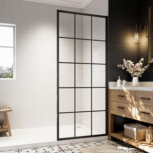34''W x 74''H Framed Shower Screen Walk-in,French Style Grid Pattern Glass Shower Door in Matte Black Finish,Shower Glass Panel with 5/16 (8mm) Clear SGCC Tempered Glass, Easy Installation