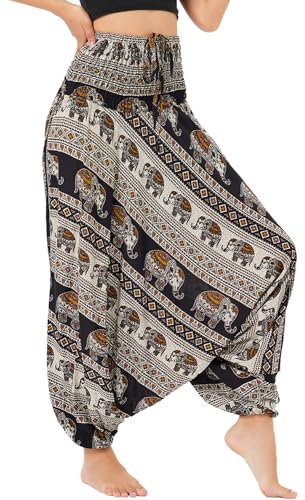 Nuofengkudu Damen Tiefer Schritt Hippie Haremshose Baggy Bunte Harem Jumpsuit Viskose Hose Leicht Dünn Luftig Wahrsagerin Kostüm Hosen Sommerhose Yogahose Haushose Einheitsgröße B Elefant Schwarz