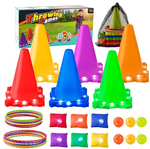 DAOUZL 3 in 1 Party Wurfspiel,Ringwurfspiel Set,Spiele gartenspiele mit Ball,Ring,Bean Bag Toss Spiel Set,Outdoor Spiele für Kinder,Gartenspiele für Kinder ab 6,Light Up Wurfspiele Outdoor für Kinder
