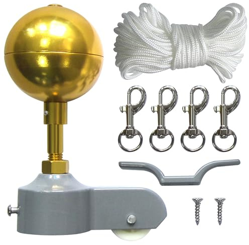 IGTOPS flaggstång tillbehörsset, flaggstång reparationssats, flaggstång reparationsdelar inklusive boll, rep, karbinhake, klämma, aluminiumtopp med linrulle flaggdelar, guld