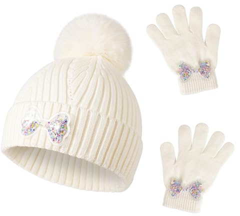QKURT Girls Beanie Winter Hat and Mittens Set, Warm Accessories Set Toddler Knitted Cold Weather Set Kids Thermal Hat and Gloves Set