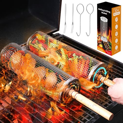 XUNIVERS Nestendes Rollendes Grillkorb Set mit Holzgriff（2PCS）, Rolling Grilling Basket, Grillnetzrohr für Den Außengrill für Gemüse, Grillkorb Edelstahl Zylindrisch,Geschenke für männer,für Camping