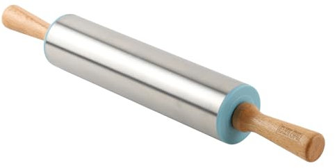 The Great British Bake Off Rolling Pin, Stainless Steel & Wooden Rolling Pin for Baking, Dough Roller for Pizza, Biscuits, Pastry and More, Official GBBO Logo, Duck Egg Blue, 44cm x 6cm