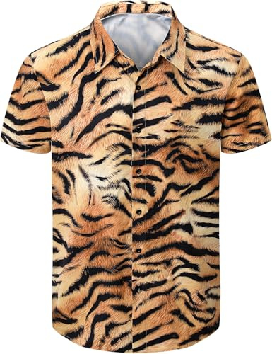 COSAVOROCK Tiger Print Shirt for Men Hawaiian Casual Shirts, Orange, L
