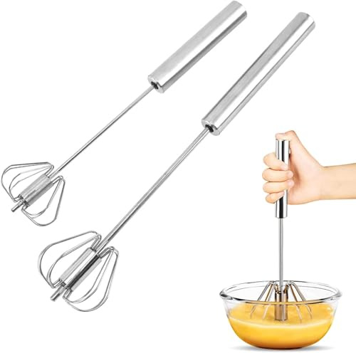 Ensemble de 2 Fouets de Cuisine, Semi Automatic Whisk, Stainless Steel Manual Egg Beater, Multifunctional Rotary Beater for Whipping, Beating and Stirring