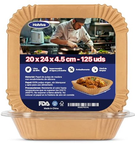 Holviva Papel para Freidora de Aire Desechable Antiadherente Premium 125 Unidades, Papel para Freidora de Aire 20x24 cm, Resistente al Calor, Sin BPA, Compatible con Cosori, Cecotec, Ninja y Philips.