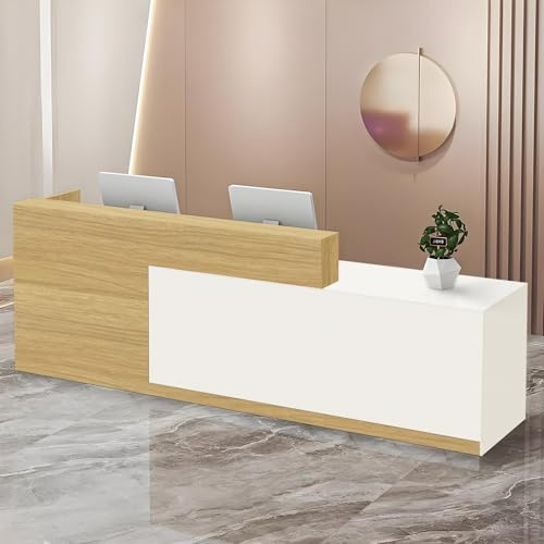 CCUKTFN Mostrador Recepción Grande de 100 a 180 cm, con Cajón y Estantes Abiertos Mostradores Recepcion, Mueble para Oficina, Salón, Tienda o Vestíbulo Blanco+Madera/Izquierda 100x100x60cm