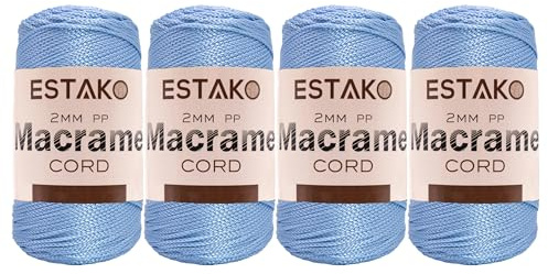 Estako 2 mm PP Polyester Macrame Cord (4 Skeins Pack) 100% Polypropylene Perfect Supplies for DIY Crafts Wall Hanging, Plant Hangers, Knitting (4 x 7 Oz) / (4 x 246 Yrds) (3220 - Baby Blue)